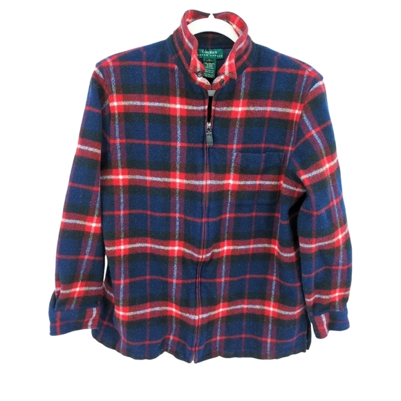Lauren Ralph Lauren 100% Pure Wool Plaid High Collar Zipper Jacket Shacket Large - Picture 1 of 9